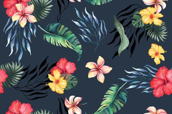 Seamless pattern plumeria and hibiscus blooming flower with watercolor. Designed for fabric and wallpaper, vintage style.Hand drawn floral pattern.Botany background.