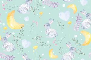 Seamless pattern moon,rabbit and blooming flowers with watercolor on pastel background for fabric luxurious and wallpaper, vintage style.Floral pattern.Botany garden. vector
