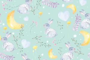 Seamless pattern moon,rabbit and blooming flowers with watercolor on pastel background for fabric luxurious and wallpaper, vintage style.Floral pattern.Botany garden. vector