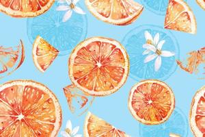Seamless pattern of tangerines with watercolor for fabric luxurious and wallpaper, vintage style.And flowers, stalks and leaves.Slice of orange.Citrus fruit. vector