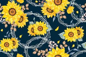 Pattern of sunflower and blooming flowers with watercolor for fabric and wallpaper.Botanical background. vector