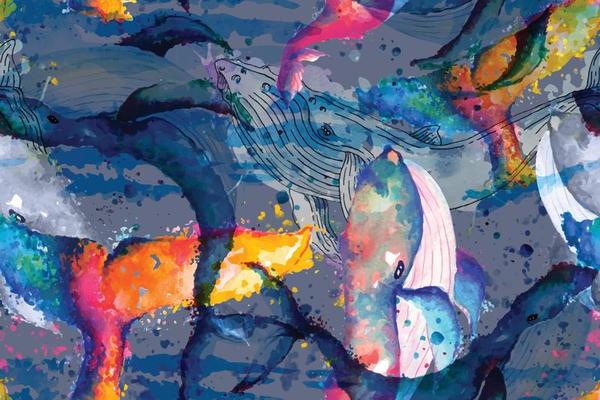Seamless pattern whales watercolor designs for fabric and wallpapers. Abstract background.