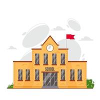 Classic school building front side or facade design. Vector illustration in flat style of school institution with a clock on the front of the yellow brick building with flag pole and waving red flag.