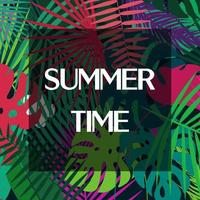 Summer time text on colorful palm leaves. Vector design pattern.