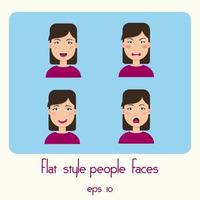 Young women faces isolated on blue background. Vector illustration. Set of facial expressions of girl.