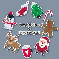 Christmas and New Year stickers made of paper with a shadow, arranged in a circle. Santa Claus, drink, deer, snowman, sock, herringbone, lollipop, carrot. Vector illustration.