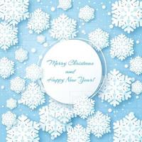 Christmas card with paper snow flake. Origami Christmas Greetings card. Winter snowflakes background and circle frame. Happy New Year. vector