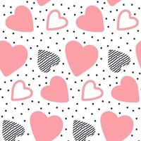 Vector seamless pattern with hand drawn hearts. Sweet hearts. Heart with doodle ornament and dots. Background for St. Valentine's Day. Vector illustration.