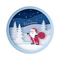 Santa Claus in forest with snow in the winter season and christmas. Paper art style. Vector illustration.