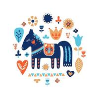 adornos nórdicos, patrón de arte popular. estilo escandinavo. caballo y flores del bosque. ilustración vectorial vector