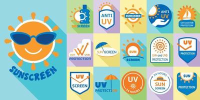 Sunscreen logo set, flat style vector