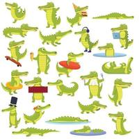 Crocodile icons set, cartoon style vector