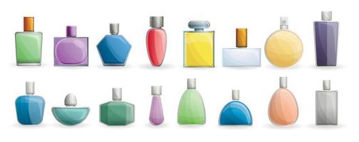 Fragrance bottles icon set, cartoon style vector