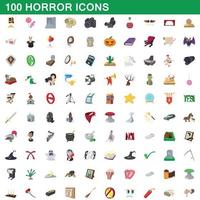 100 iconos de terror, estilo de dibujos animados vector