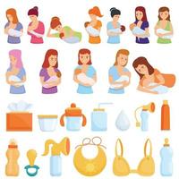 Breast-feeding icons set, cartoon style vector