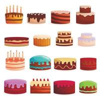 Cake birthday icon set, cartoon style vector