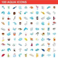 100 aqua icons set, isometric 3d style vector