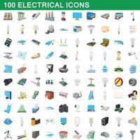 100 iconos eléctricos, estilo de dibujos animados vector