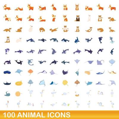 100 animal icons set, cartoon style