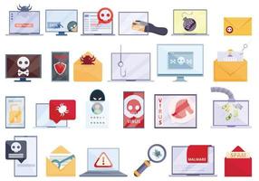 Malware icons set, cartoon style vector