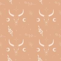 Boho style illustration with buffalo skull, snake, flowers, moon and stars. Wild west design. Seamless pattern in pastel color vector