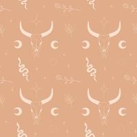 Boho style illustration with buffalo skull, snake, flowers, moon and stars. Wild west design. Seamless pattern in pastel color vector