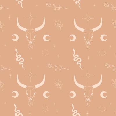 Boho style illustration with buffalo skull, snake, flowers, moon and stars. Wild west design. Seamless pattern in pastel color