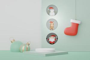 Podio de visualización 3d para presentación de productos y cosméticos con concepto de feliz navidad y feliz año nuevo. geométrico moderno. plataforma para maquetas y mostrar la marca. diseño minimalista y limpio. foto