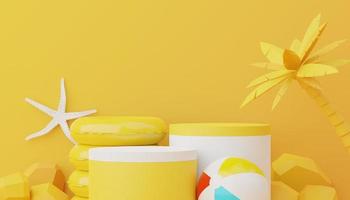 3d render of Abstract minimal  display podium for showing products or cosmetic presentation with summer beach scene. Summer time. photo