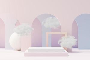 3d Beauty premium pedestal product display with Dreaming land and fluffy cloud. Minimal pastel sky and clouds scene for present product promotion and beauty cosmetics. Romance land of Dreams concept. photo