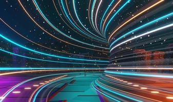 3d render of flash neon and light glowing on dark scene. Speed light tunnel through the city or urban. Technology internet of future network. Sci fiction of hyperspace interstellar travel. photo