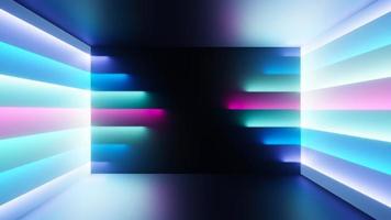 3d render of flash neon and light glowing on dark scene. Speed light moving lines. photo