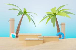 3d render Summer sale podium stand for showing product. Beach Vacations Scene in Summer for mock up. photo