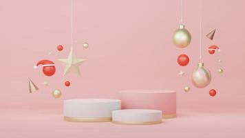 3d Display Podium for product and cosmetic presentation with Merry Christmas and Happy new year concept. Modern geometric. Platform for mock up and showing brand. Minimal clean design. photo