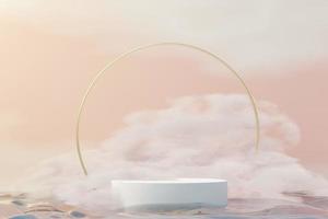 3d Beauty premium pedestal product display with Dreaming land and fluffy cloud. Minimal blue sky and clouds scene for present product promotion and beauty cosmetics. Romance land of Dreams concept. photo