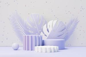 3d render of Beauty podium with Very Peri color of the year 2022 design for product presentation and advertising. Minimal pastel sky and Dreamy land scene. Romance concept. photo