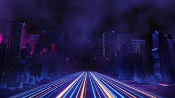 Representación 3D del concepto de paisaje de la ciudad de la noche cyber punk. luz que brilla intensamente en la escena oscura. la vida nocturna. red de tecnología para 5g. más allá de la generación y futurista de la ciudad capital de ciencia ficción y la escena de la construcción.