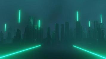 3d render of Cyber punk night city landscape concept. Light glowing on dark scene. Night life. Technology network for 5g. Beyond generation and futuristic of Sci-Fi Capital city and building scene. photo