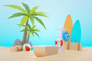 3d render soporte de podio de venta de verano para mostrar el producto. escena de vacaciones en la playa en verano para maquetas. foto