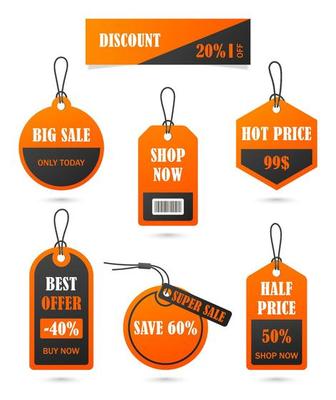 Vector stickers, price tag, banner, label. Coupon sale, offers and promotions vector template. Shop price tag, retail, commerce, business