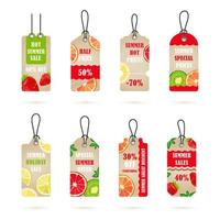 pegatinas vectoriales, etiqueta de precio, banner, etiqueta. Plantilla vectorial de venta, ofertas y promociones de cupones. etiqueta en un cordón con frutas tropicales vector