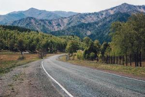 camino en bosque verde a la montaña. camino vacío sin gente y transporte. concepto de viaje paisaje de verano en altai, siberia. foto