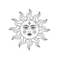 Celestial sun with face and opened eyes, stylized drawing, tarot card.