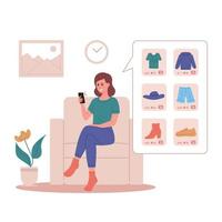Mobile shopping consept. A woman buy things in the online store. vector