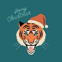 Merry Christmas and Happy New Year Postcard with tiger face in santa hat. vector