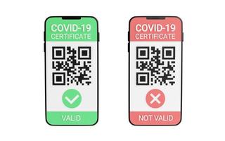 certificado de vacunación covid verde y rojo - código qr y marca de verificación en la pantalla del teléfono móvil 3d render foto