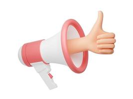 Loudspeaker with hand sticking out showing thumbs up sign 3d render illustration. photo