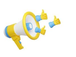 Loudspeaker with thumbs up hand icons 3d render - megaphone banner with like symbols. photo