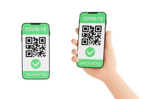 Green COVID vaccination certificate. QR code and check mark on mobile phone screen in human hand 3d render. photo