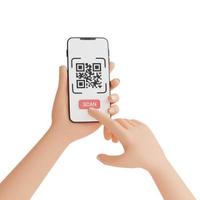 concepto de escaneo de código qr - mano humana sosteniendo un teléfono móvil con proceso de escaneo de código de barras ilustración de renderizado 3d. foto